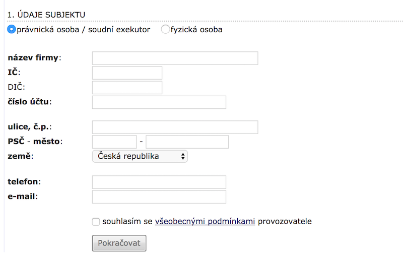 Registrační formulář právnické osoby