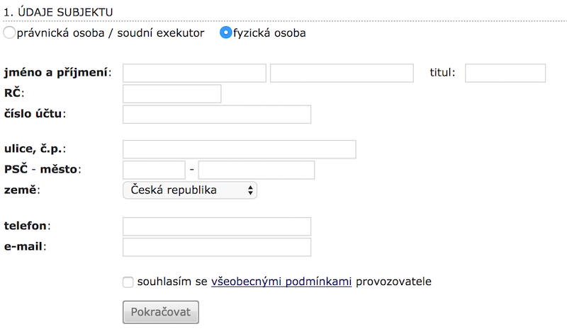 Registrační formulář fyzické osoby