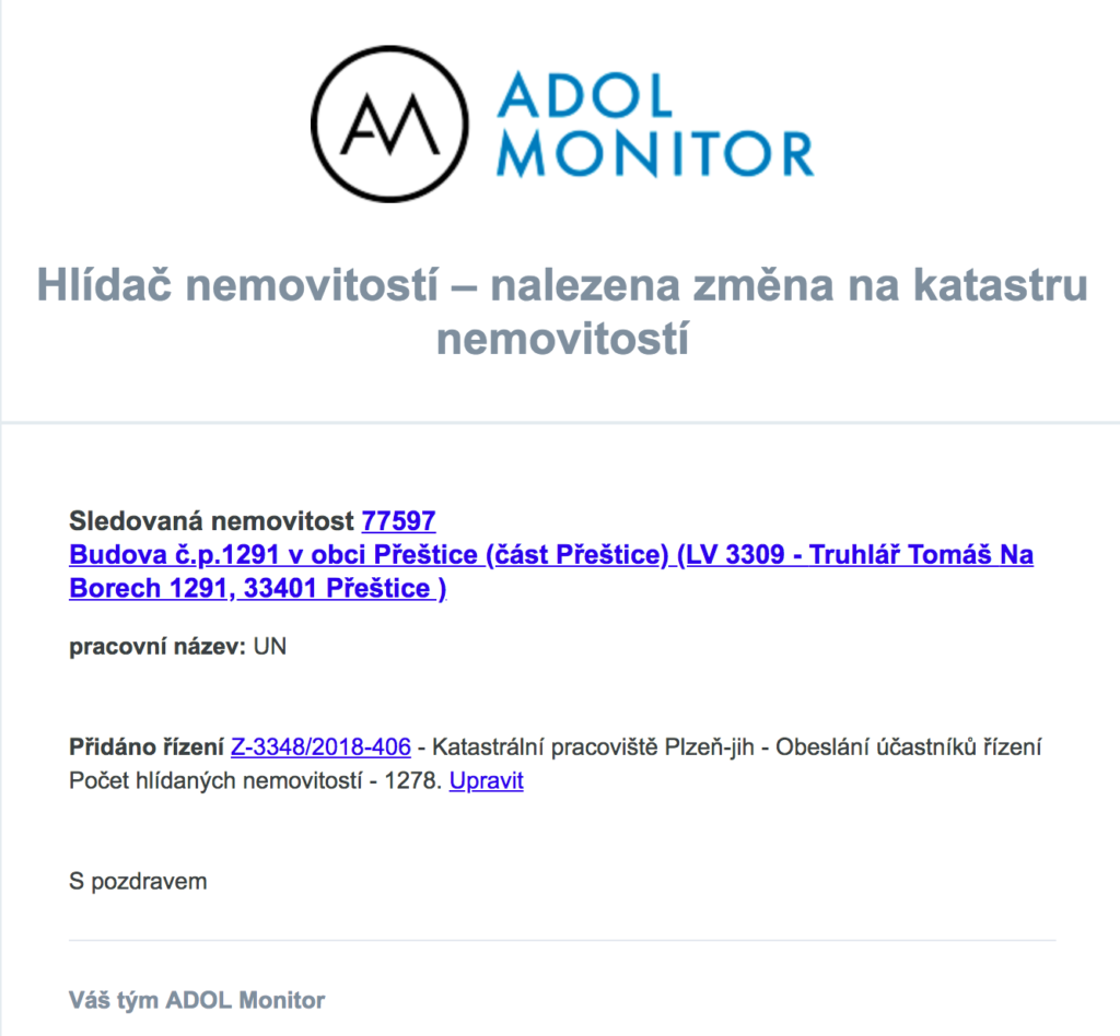 ADOL Ukázka emailu - hlídač nemovitostí