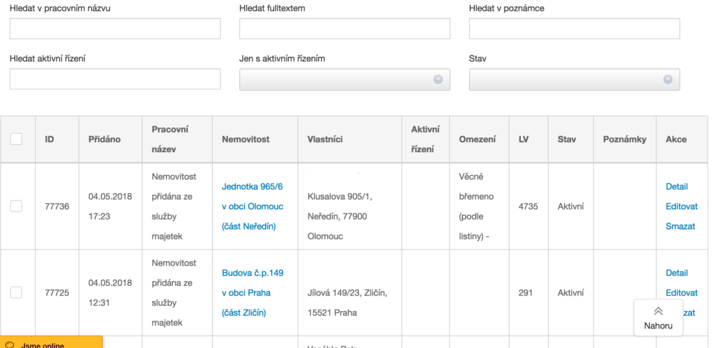 ADOL ukázka výpis hlídač nemovitostí a filtrování