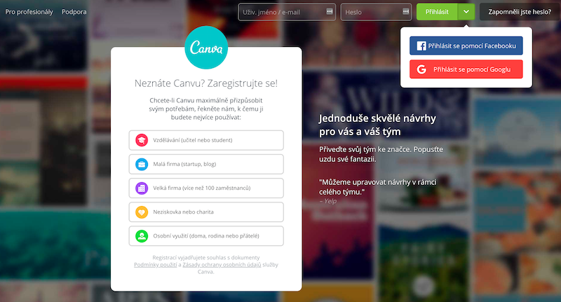 Registrace Canva