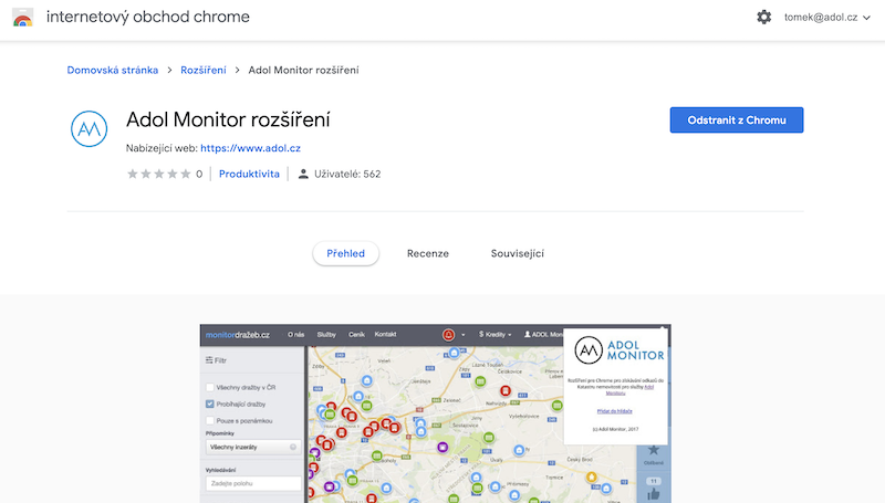 Ukázka rozšíření ADOL Monitor pro Google Chrome