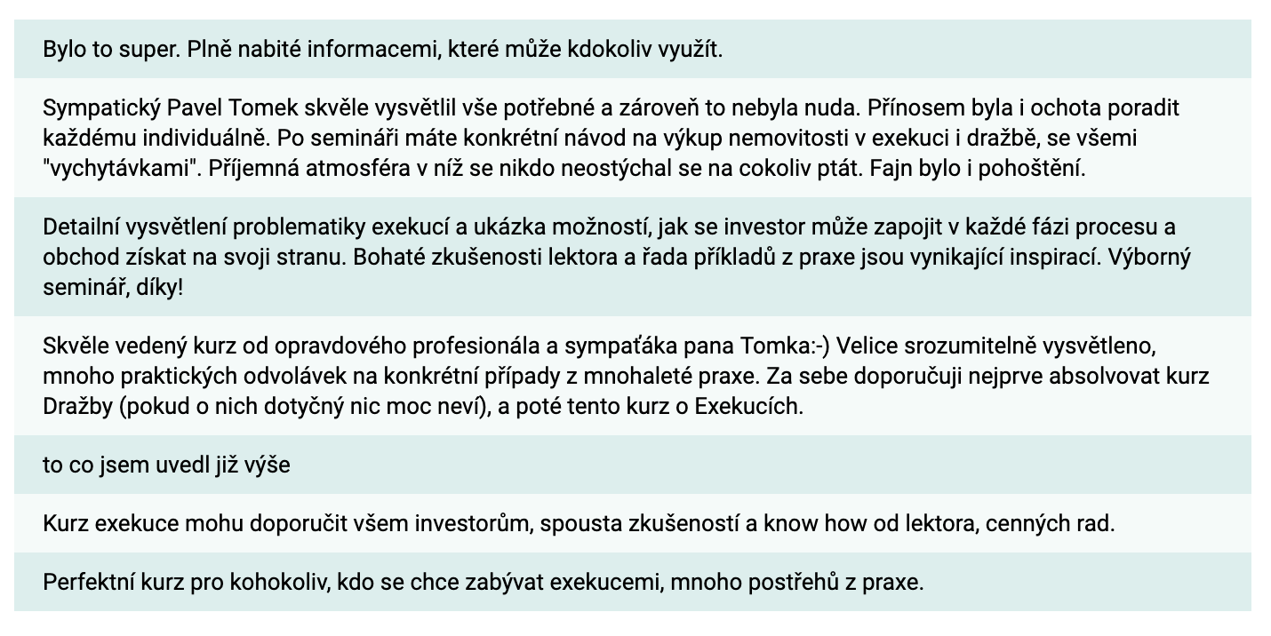 Reference účastníků semináře Nemovitosti v exekuci a oddlužování