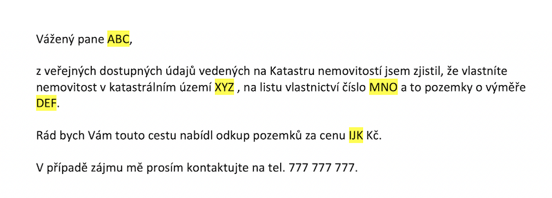 Hromadná korespondence - ukázka dopisu - ADOL