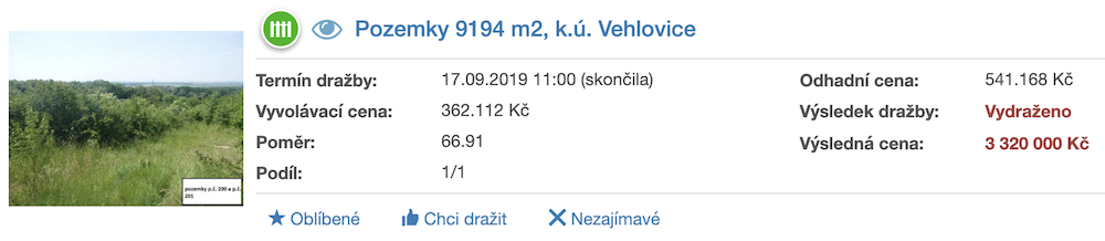 Dražba pozemky Vehlovice ADOL Monitor