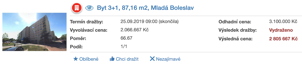 Dražba bytu v Mladé Boleslavi, ukázka ADOL Monitor