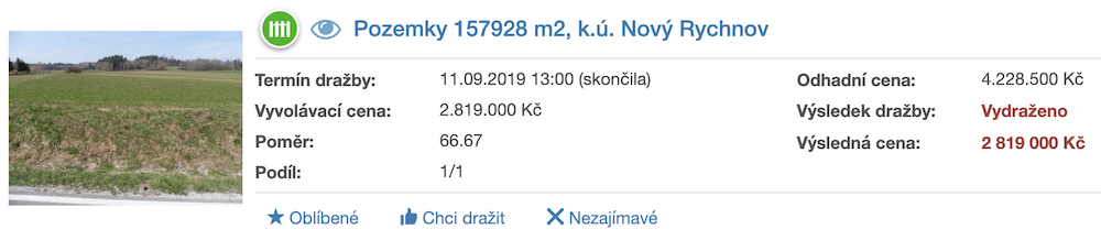 Dražba pozemků v k.ú. Nový Rychnov, ADOL Monitor ukázka