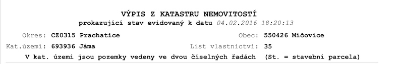 Výpis z Katastru nemovitostí - hlavička