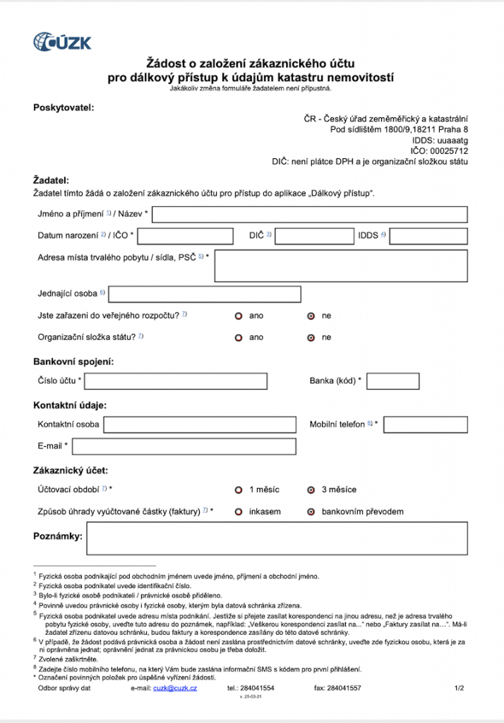 Registrační formulář - dálkový přístup do KN